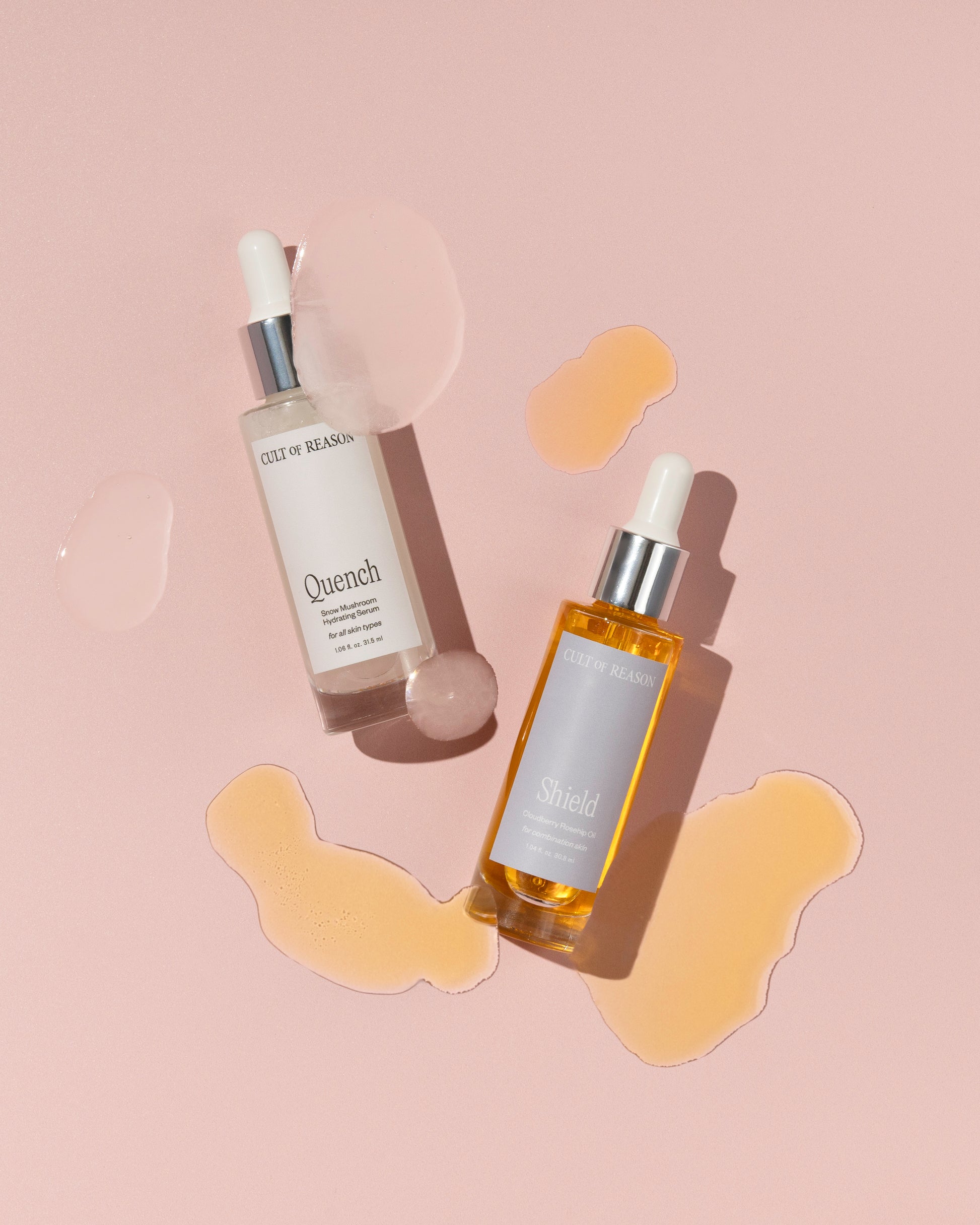 Facial Oil Shield and Quench Hydrating Serum Pictured with their ingredients on pink background